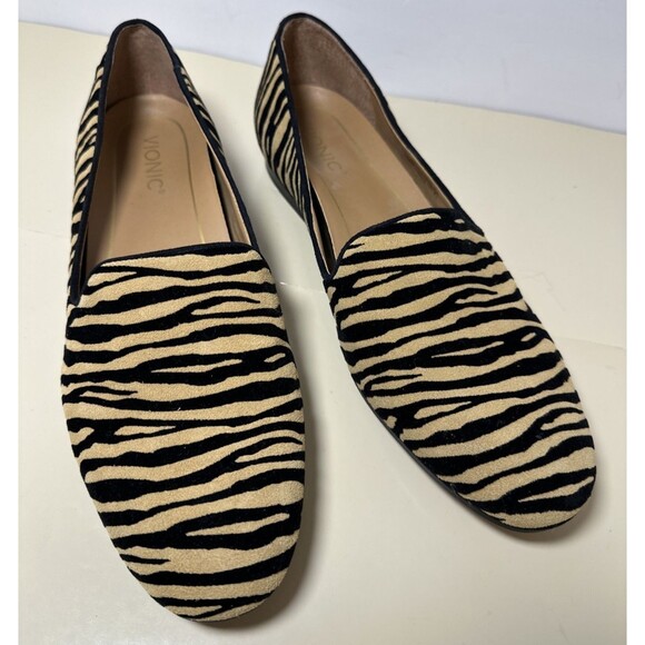 Vionic Willa Size 11 Black Tan Suede Tiger Stripe Slip On Orthotic Comfort Flat - Picture 1 of 11